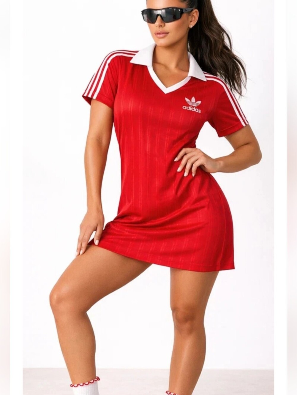 Adidas Originals Red 3-Stripes Football Jacquard V-Neck T-Shirt Dress Medium